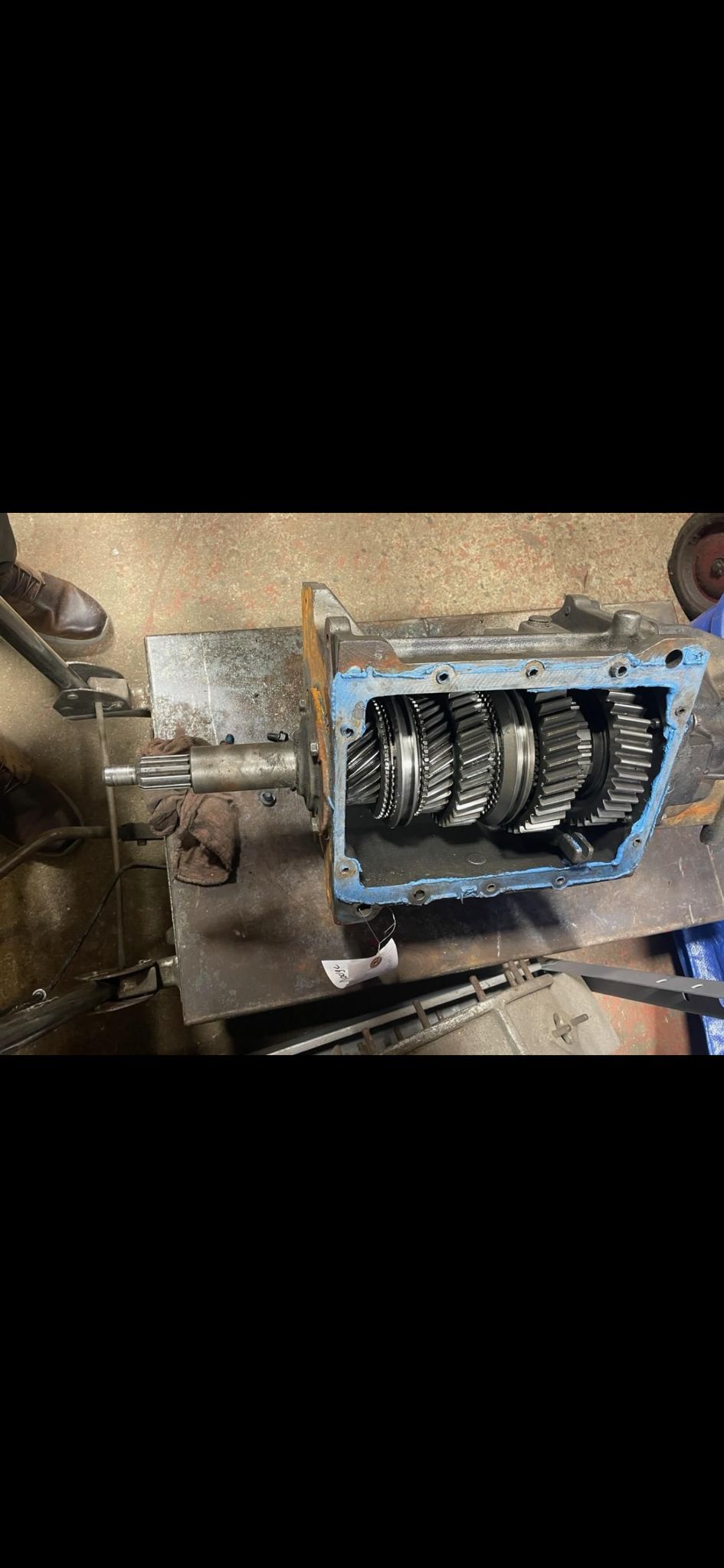 Transmission gearbox and gearsets on a workbench